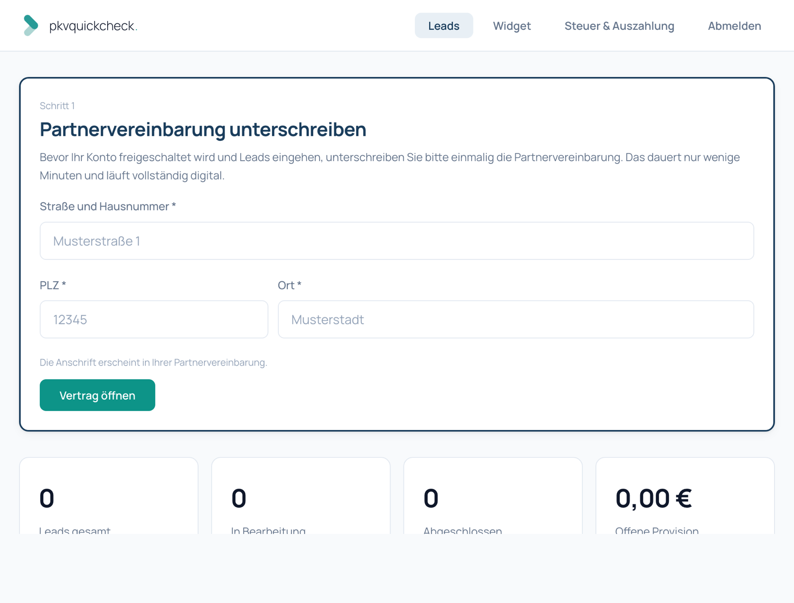Partner-Portal mit der Karte Partnervereinbarung unterschreiben und dem Button Vertrag öffnen