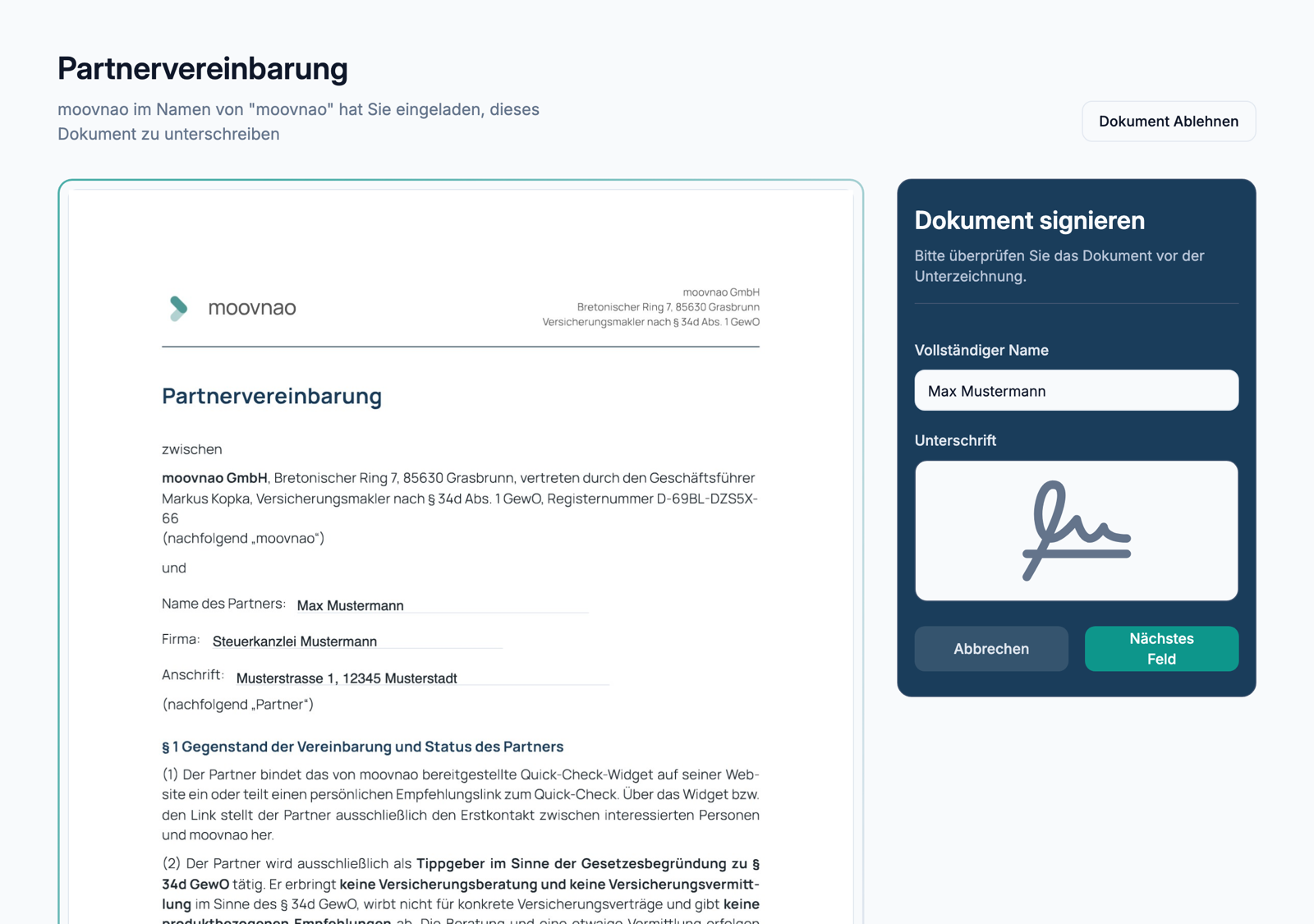 Digitale Unterschriftsseite mit der vorausgefüllten Partnervereinbarung und dem Unterschriftsfeld