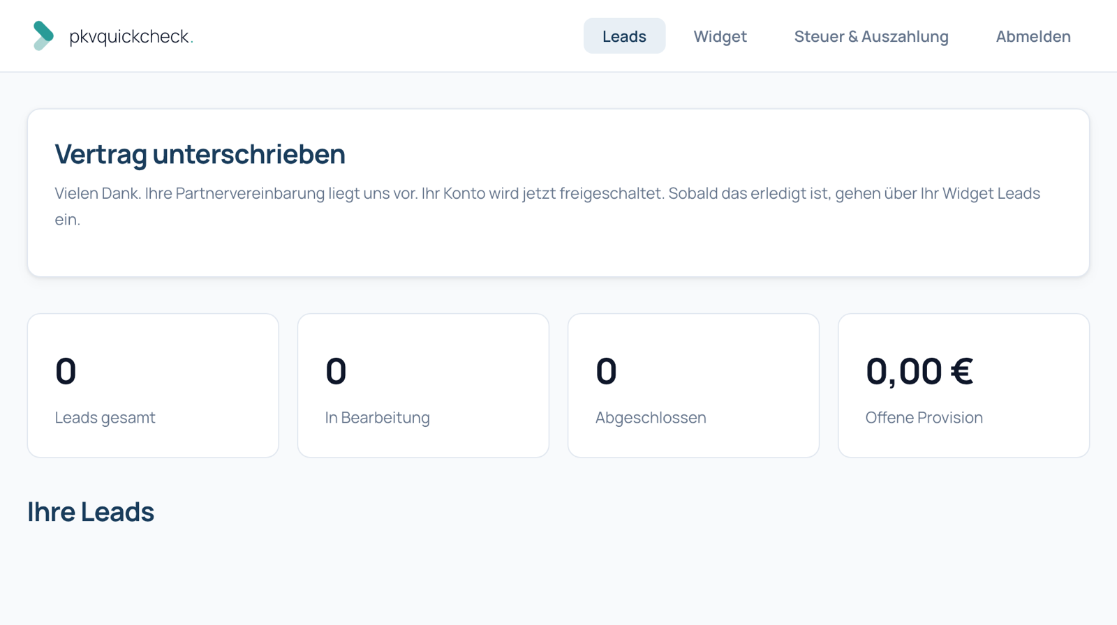 Partner-Portal mit der Bestätigung: Vertrag unterschrieben, das Konto wird freigeschaltet