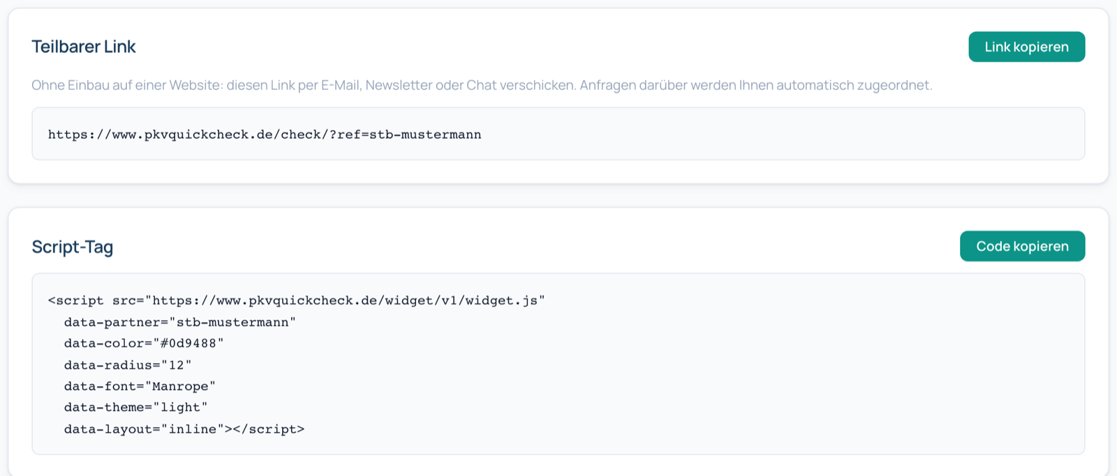 Portal-Bereich mit dem teilbaren Link und dem Script-Tag zum Kopieren