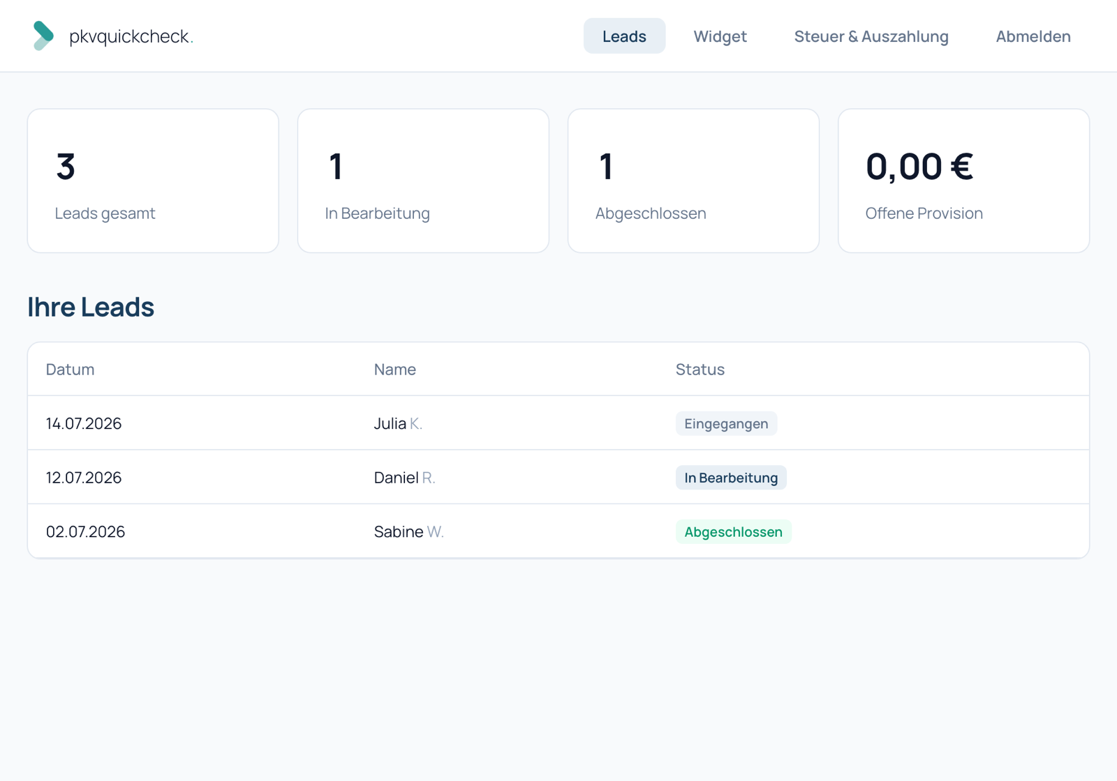 Partner-Portal mit Leads-Übersicht: Anfragen mit Vorname, Initiale und Bearbeitungsstand